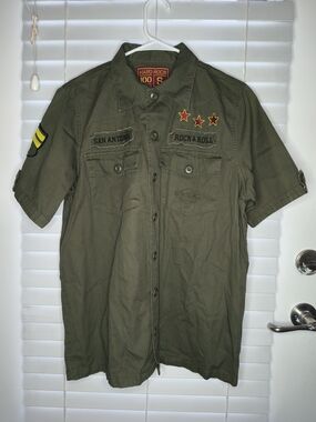 Hard Rock Cafe Vintage Men's Shirt Size S Green Short Sleeve Button Up Logos 90s